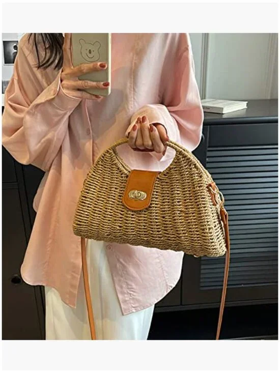 Handwoven Straw Crossbody Tote Bag with Rattan Top Handle - Picture 7 of 7